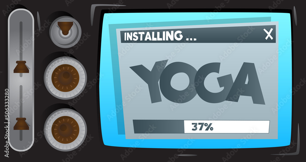 Poster cartoon computer with the word yoga. message of a screen displaying an installation window.
