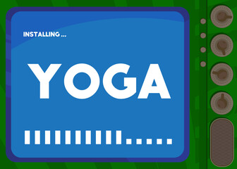 Cartoon Computer With the word Yoga. Message of a screen displaying an installation window.
