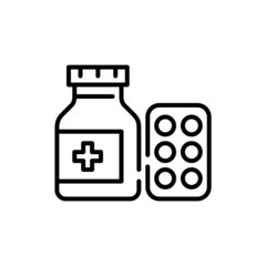 Pills in a jar and blister package. Healthcare and pharmaceuticals. Pixel perfect, editable stroke line icon