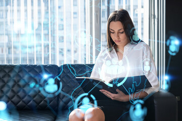 Portrait of businesswoman in formal wear working with documents and looking for employees to hire new candidates for international business consulting. HR, social media icons over office background