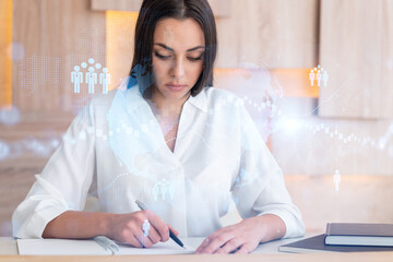 Portrait of businesswoman in formal wear working with documents and looking for employees to hire new candidates for international business consulting. HR, social media icons over office background
