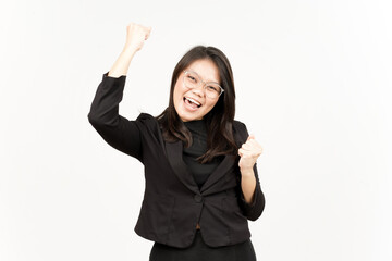 Yes and Celebration Gesture Of Beautiful Asian Woman Wearing Black Blazer Isolated On White