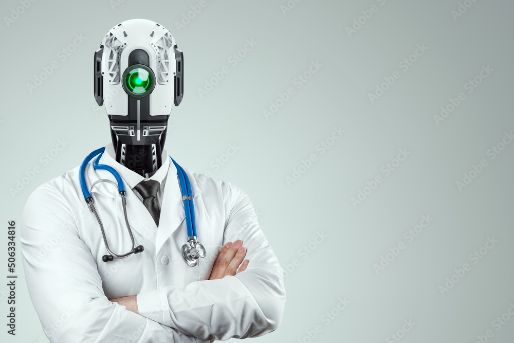 Aufkleber doctor in a coat with a robot head and a stethoscope, robotic doctor is the future of medicine. arti