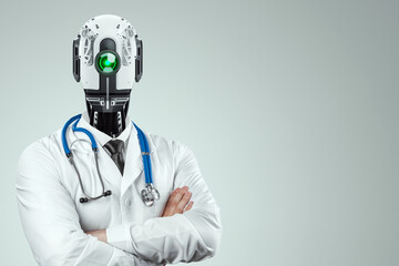 Doctor in a coat with a robot head and a stethoscope, robotic doctor is the future of medicine....