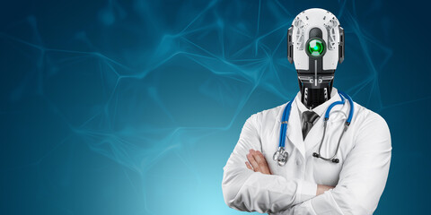 Doctor in a coat with a robot head and a stethoscope, robotic doctor is the future of medicine....