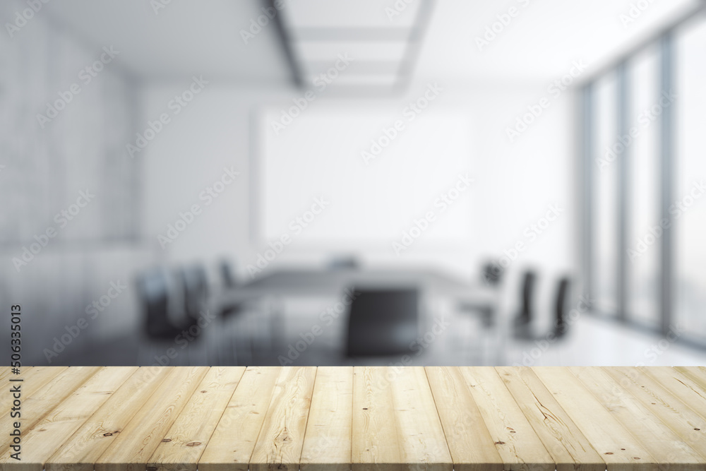Poster empty office wooden table with empty space on modern conference room with large window background, c