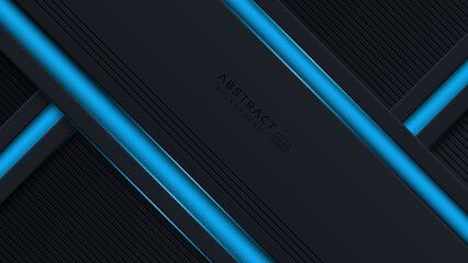 Black abstract diagonal overlap layers background with blue light decoration