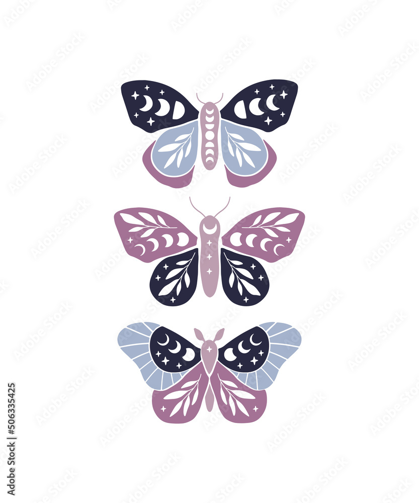 Wall mural moon moth vector illustration. celestial butterfly with moon phases. mystical floral insect isolated