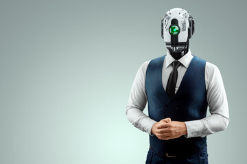 A man with a robot head, a cyborg. Robotics, new normal, future, technology. mixed media.