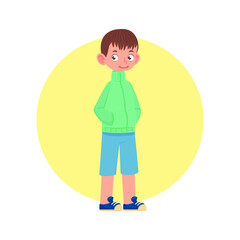 Cheerful child active pose, cartoon style flat illustration.