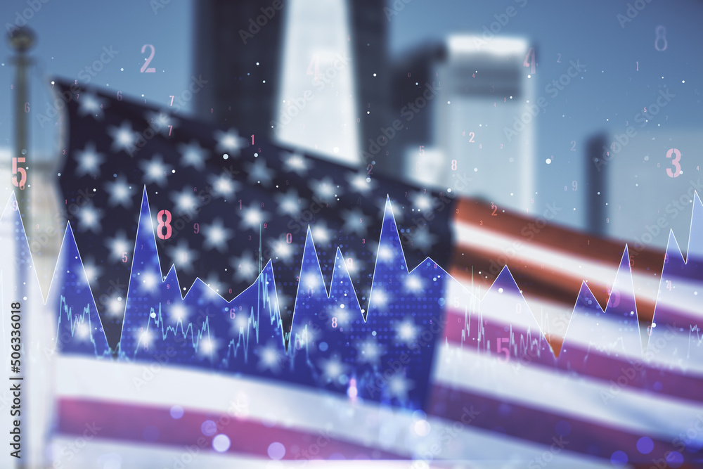 Poster multi exposure of abstract statistics data hologram interface on us flag and city background, comput