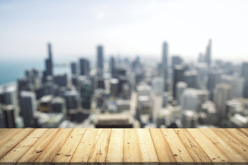 Table top made of wooden dies with blurry city view on background, template