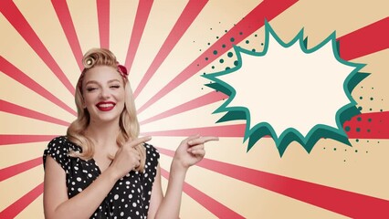 SALE content phrase in vintage style for comic superhero text. Happy blond woman posing look camera pointing fingers hands on copy space workspace isolated on Vintage backdrop.