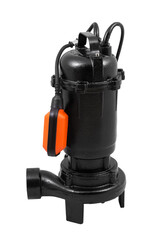 Black automatic submersible drainage pump with hose placed on white isolated background in studio