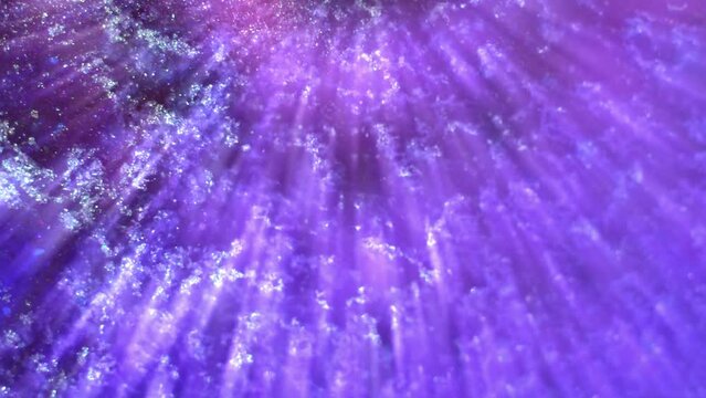 Light rays through a purple shiny water. Sky clouds stars background