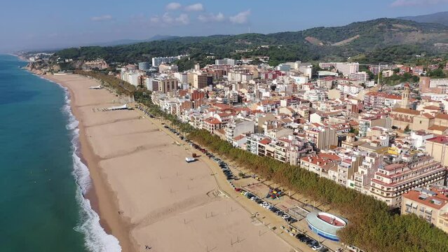  Drone picture over Costa Brava coastal and Mediterranean sea, village Calella, Spain