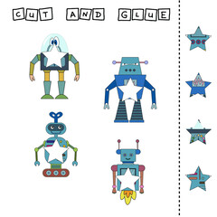 worksheet vector design, the task is to cut and glue a piece on robots.  Logic game for children.