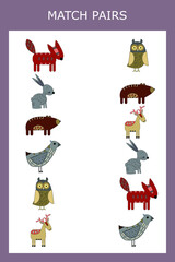 Appropriate children's educational game. Match forest animals. Activity for preschool children and toddlers.