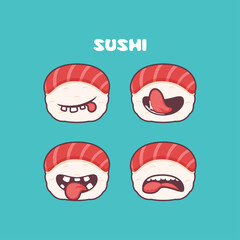 Nigiri sushi cartoon. japanese food vector illustration. with different mouth expressions