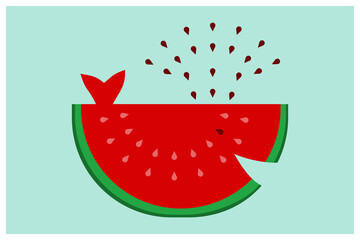 Vector Design watermelon slice in the form of a whale releasing a fountain of seeds