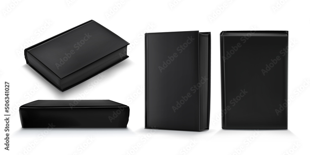 Poster template of blank paper book with black cover. vector realistic mock up of 3d standing and lying clo