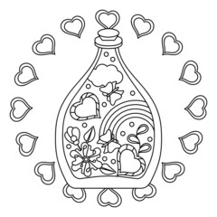A bottle with a magic love potion. Rainbow, hearts, butterflies, flowers. Romantic composition. Coloring book for girls. Vector black and white illustration.