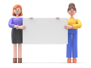 3D illustration of cartoon characters holding an empty white placard for insert a conceptconceptual image.3D rendering on white background.