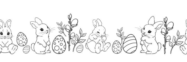 seamless spring banner pattern, easter bunny and easter eggs, willow branch, spring willow, cute little hares, hand-drawn vector lines, pattern on white background for printing and coloring.
