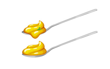 Spoons with mustard sauce side view.Vector illustration in realistic style