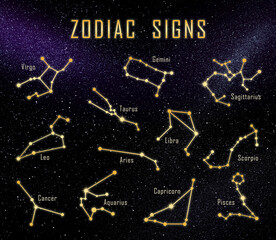Fototapeta na wymiar Set with zodiac constellations against night sky with stars