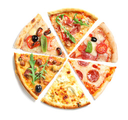 Slices of different tasty pizzas on white background, top view