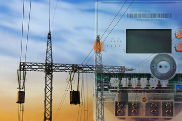 Double exposure of electricity meter and high voltage tower with transmission power lines