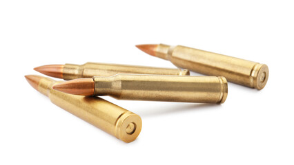 Many bullets on white background. Military ammunition