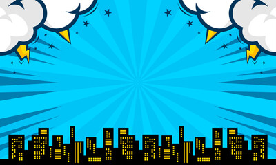 Comic blue background with city silhouette and cloud illustration