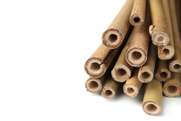 Pile of dry bamboo sticks on white background, closeup
