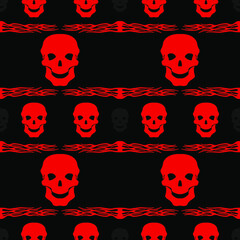 Red skull on black background, seamless pattern, texture for fabric, wallpaper and tile, vector illustration