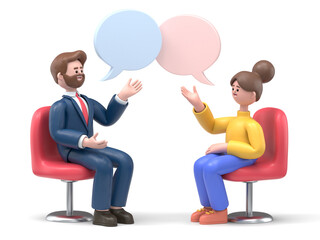 3D illustration of two women meeting and talking with speech bubbles. Happy multicultural female characters sitting in chairs and discussing. Psychologist counseling, group therapy, support session.
