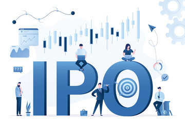 Team of traders and businessmen trades stock online. Letters - IPO with bullseye target. IPO, initial public offering. Company go public in stock market. Investment opportunity,