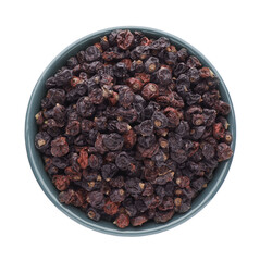 Bowl of tasty dried currants on white background, top view