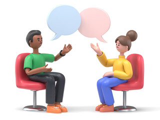 3D illustration of two women meeting and talking with speech bubbles. Happy multicultural female characters sitting in chairs and discussing. Psychologist counseling, group therapy, support session.