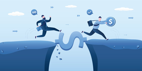 Bill or loan payment concept. Business people jump pass cliff gap with money dollar sign bridge. Money to rescue or support business. Financial help solution to get pass crisis.