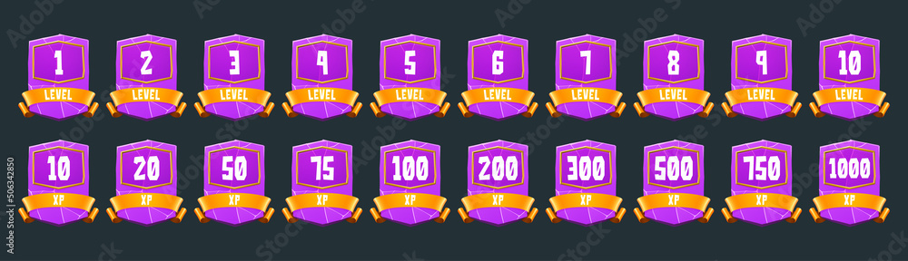 Aufkleber purple badges with level number and xp points for game ui design. vector cartoon icons of crystal st