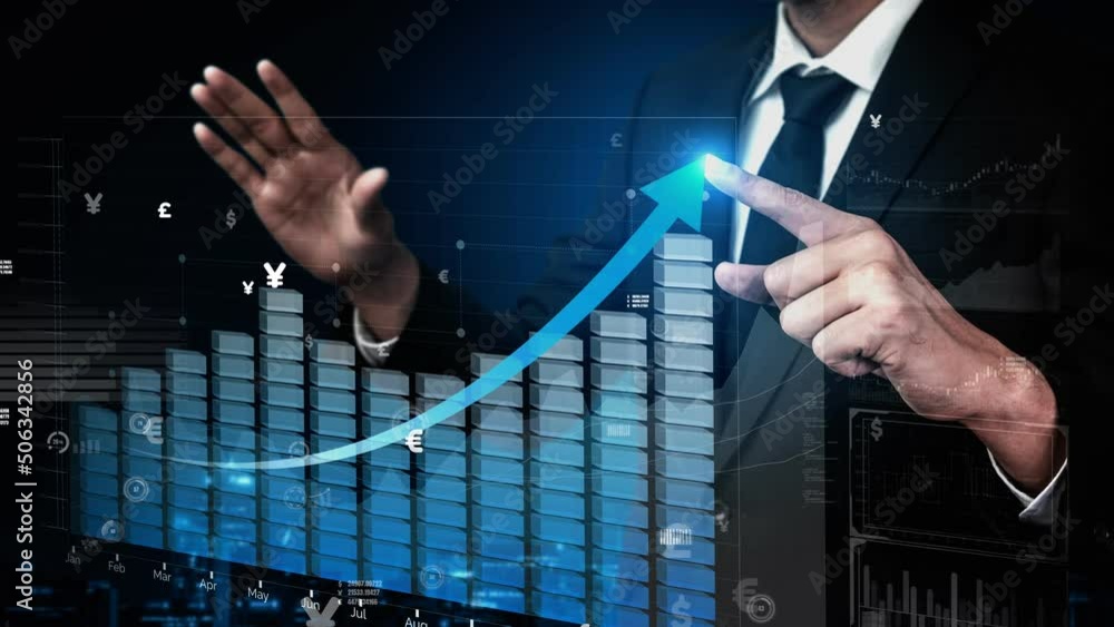Poster double exposure image of business and finance conceptual - businessman with report chart up forward 