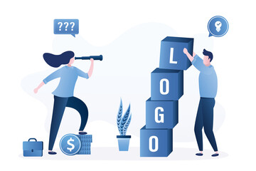 Creative designer or marketer develops a company logo. Big cubes with text. Businesswoman customer watches the process through a spyglass. The client woman controls the work.