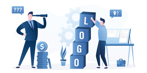 Male creative designer or marketer develops new company logotype. Big cubes with text. Businessman customer watches the process through spyglass. Client controls the work.