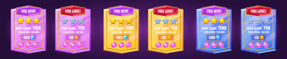 Game color glossy boards of win or lose and labels with score and experience points. Vector cartoon set of interface screens of complete and fail game and rating stars