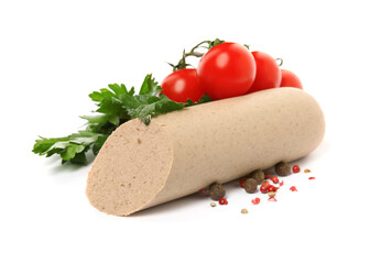Delicious liverwurst with cherry tomatoes, parsley and spices on white background