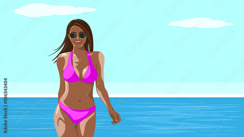 Wall mural beautiful brunette woman in bikini on the beach, summer vacation concept, copy space, vector poster.