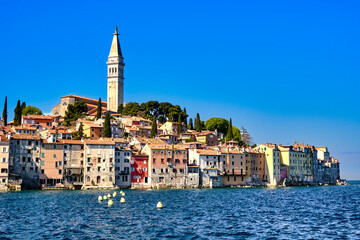 Mediterranean Sea in front of the facades of the residential buildings of the old town of Rovinj in Istria, Croatia