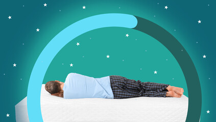 Young man sleeping on mattress against color background, back view. Healthy circadian rhythm and...